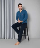 Erkek Mavi V Yaka Önden Düğme Gömlek Yaka Göğüs Cepli Pamuklu Cepli Uzun Kol Mevsimlik Pijama Takımı - 2