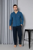 Erkek Mavi V Yaka Önden Düğme Gömlek Yaka Göğüs Cepli Pamuklu Cepli Uzun Kol Mevsimlik Pijama Takımı - 3