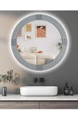 MONTESEV  Led'li Işıklı Safir Gümüş Dekoratif Ayna Yuvarlak Ayna İşlemeli Ahşap Duvar Aynası Tekli - 56 Cm - 1