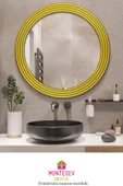MONTESEV  Zümrüt Gold Dekoratif Ayna Yuvarlak Ayna Işlemeli Ahşap Duvar Aynası Ikili / 69 - 56 Cm - 2