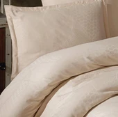 Clasy Jakarlı Saten Çift Kişilik Nevresim Takımı Mandarin Bej thumbnail 3