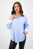 Kadın Rahat Kalıp Mavi Çizgili Manşetli Gömlek 1804-25 - 1
