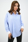 Kadın Rahat Kalıp Mavi Çizgili Manşetli Gömlek 1804-25 - 3