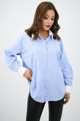 Kadın Rahat Kalıp Mavi Çizgili Manşetli Gömlek 1804-25 - 2
