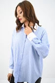 Kadın Rahat Kalıp Mavi Çizgili Manşetli Gömlek 1804-25 - 6
