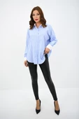 Kadın Rahat Kalıp Mavi Çizgili Manşetli Gömlek 1804-25 - 4