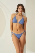 Mavi Ribbed Üçgen Tek Üst Bikini - 2