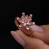Pembe Lotus Çiçeği Rose Gümüş Kadın Yüzük thumbnail 3