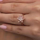 Pembe Lotus Çiçeği Rose Gümüş Kadın Yüzük thumbnail 8