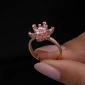 Pembe Taşlı Lotus Çiçeği 925 Gümüş Kadın Yüzük - 2