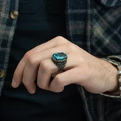 Oval Aqua Mavi Taşlı 925 Gümüş Erkek Yüzük thumbnail 4