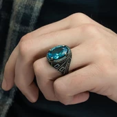 Oval Aqua Mavi Taşlı 925 Gümüş Erkek Yüzük thumbnail 6