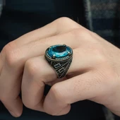 Oval Aqua Mavi Taşlı 925 Gümüş Erkek Yüzük thumbnail 3