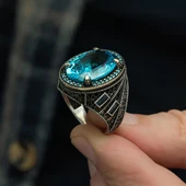 Oval Aqua Mavi Taşlı 925 Gümüş Erkek Yüzük thumbnail 10