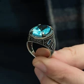 Oval Aqua Mavi Taşlı 925 Gümüş Erkek Yüzük thumbnail 8
