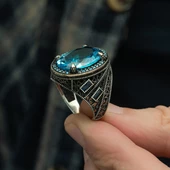 Oval Aqua Mavi Taşlı 925 Gümüş Erkek Yüzük thumbnail 9