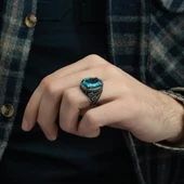 Oval Aqua Mavi Taşlı 925 Gümüş Erkek Yüzük thumbnail 5
