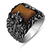 Kaplan Gözü Taşlı  925 Gümüş Erkek Yüzük thumbnail 2