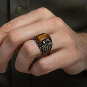 Kaplan Gözü Taşlı  925 Gümüş Erkek Yüzük thumbnail 4