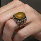 Sarı Akik Taşlı 925 Gümüş Erkek Yüzük thumbnail 3