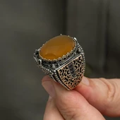 Sarı Akik Taşlı 925 Gümüş Erkek Yüzük thumbnail 9