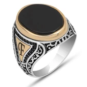 Oniks Taşlı Harfli 925 Gümüş Erkek Yüzük thumbnail 2