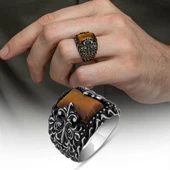 Kaplan Gözü Taşlı  925 Gümüş Erkek Yüzük thumbnail 1