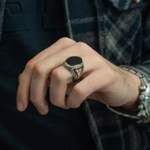 Oniks Taşlı Harfli 925 Gümüş Erkek Yüzük thumbnail 6