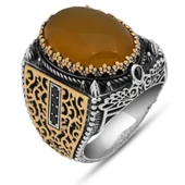 Sarı Akik Taşlı 925 Gümüş Erkek Yüzük thumbnail 2