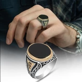 Oniks Taşlı Harfli 925 Gümüş Erkek Yüzük thumbnail 1