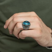 Oval Aqua Mavisi Taşlı 925 Gümüş Erkek Yüzük thumbnail 8