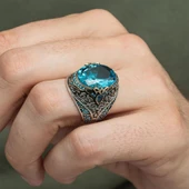 Oval Aqua Mavisi Taşlı 925 Gümüş Erkek Yüzük thumbnail 10