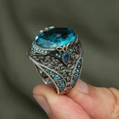 Oval Aqua Mavisi Taşlı 925 Gümüş Erkek Yüzük thumbnail 6