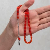 925 Ayar Gümüş Püsküllü Turuncu Renk Kapsül Kesim Kehribar Tesbih - 3