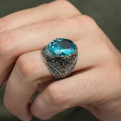 Oval Aqua Mavisi Taşlı 925 Gümüş Erkek Yüzük thumbnail 9