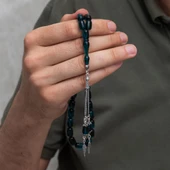 925 Ayar Gümüş Püsküllü Lacivert Renk Kapsül Kesim Kehribar Tesbih - 2