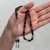 925 Ayar Gümüş Püsküllü Kapsül Kesim Kehribar Tesbih - 3