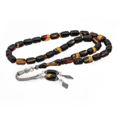 925 Ayar Gümüş Püsküllü Kapsül Kesim Kehribar Tesbih - 1