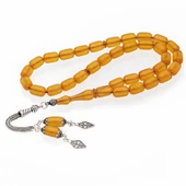 925 Ayar Gümüş Püsküllü Kapsül Kesim Açık Sarı Kehribar Tesbih - 1