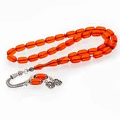 925 Ayar Gümüş Püsküllü Turuncu Renk Kapsül Kesim Kehribar Tesbih - 1