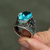 Oval Aqua Mavisi Taşlı 925 Gümüş Erkek Yüzük thumbnail 5