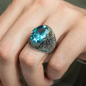 Oval Aqua Mavisi Taşlı 925 Gümüş Erkek Yüzük thumbnail 7