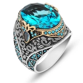 Oval Aqua Mavisi Taşlı 925 Gümüş Erkek Yüzük thumbnail 2