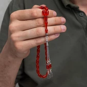 925 Ayar Gümüş Püsküllü Turuncu Renk Kapsül Kesim Kehribar Tesbih - 2