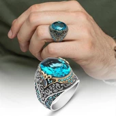 Oval Aqua Mavisi Taşlı 925 Gümüş Erkek Yüzük thumbnail 1