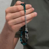 925 Ayar Gümüş Püsküllü Turkuaz Kehribar Tesbih - 5