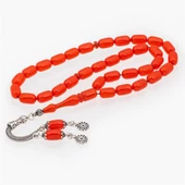 925 Ayar Gümüş Püsküllü Turuncu Renk Kapsül Kesim Kehribar Tesbih - 1