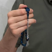 925 Ayar Gümüş Püsküllü Lacivert Siyah Kehribar Tesbih - 2