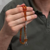 925 Ayar Gümüş Püsküllü Kapsül Kesim Sarı Kehribar Tesbih - 2