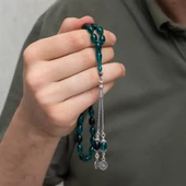 925 Ayar Gümüş Püsküllü Turkuaz Kehribar Tesbih - 2